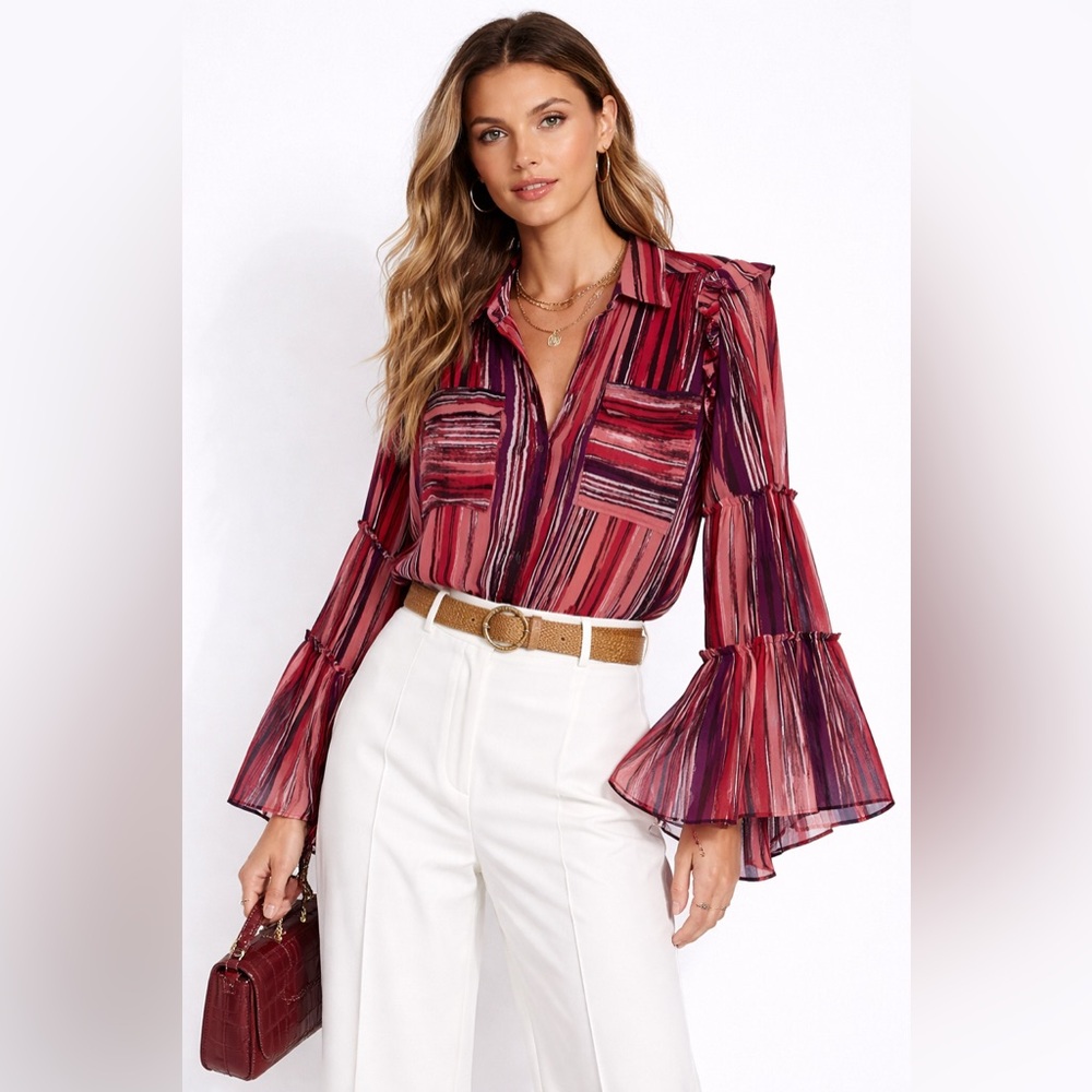 MISA Los Angeles Marketa Stripe Bell Sleeve Blouse Large Sheer Ruffle Top